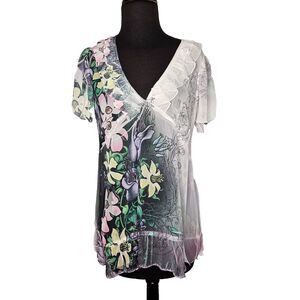Daniel Benjamin Sheer Tunic Top Fairy V-Neck Empire Waist Ruffle Floral Ethereal